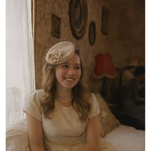 Vintage Pillbox Hat Beige Wool Flower Net Veil Church Wedding‎ Party